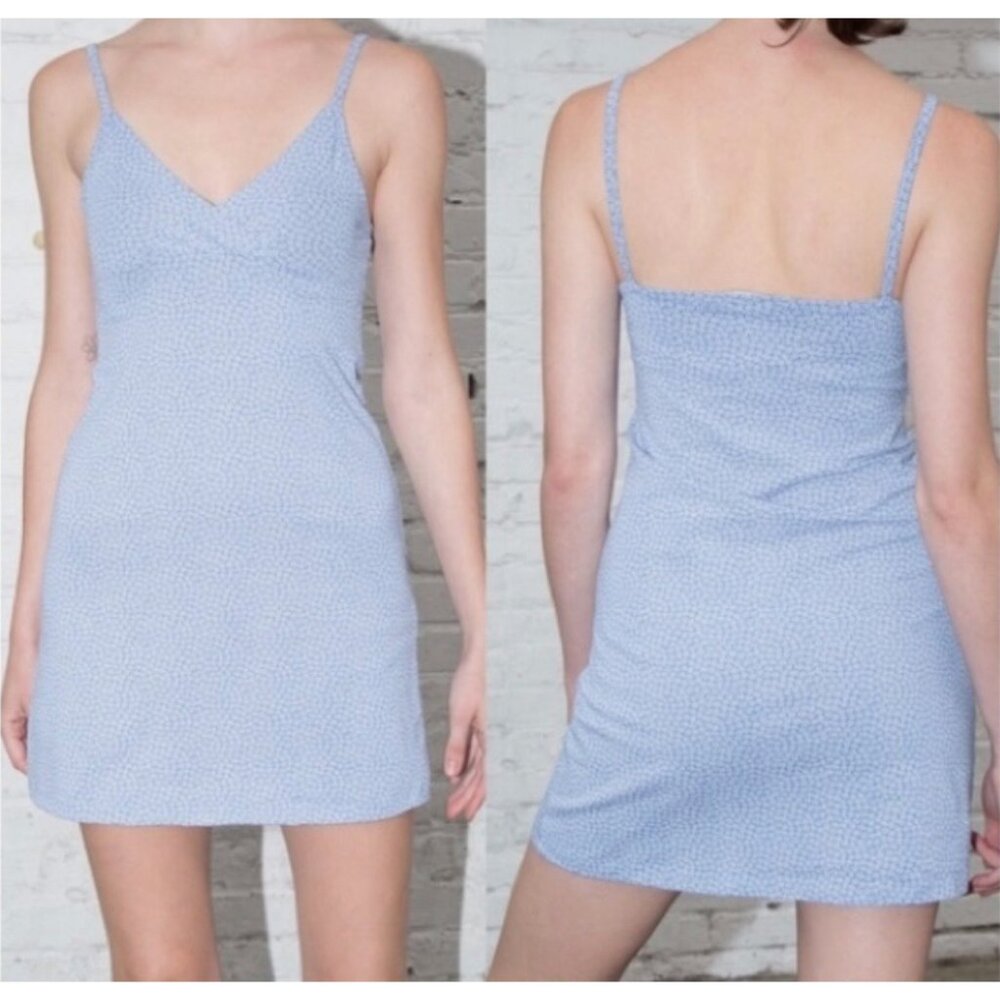 Brandy Melville A Line Mini Dress V Neck Fixed Straps Cotton Elastane Blend Blue